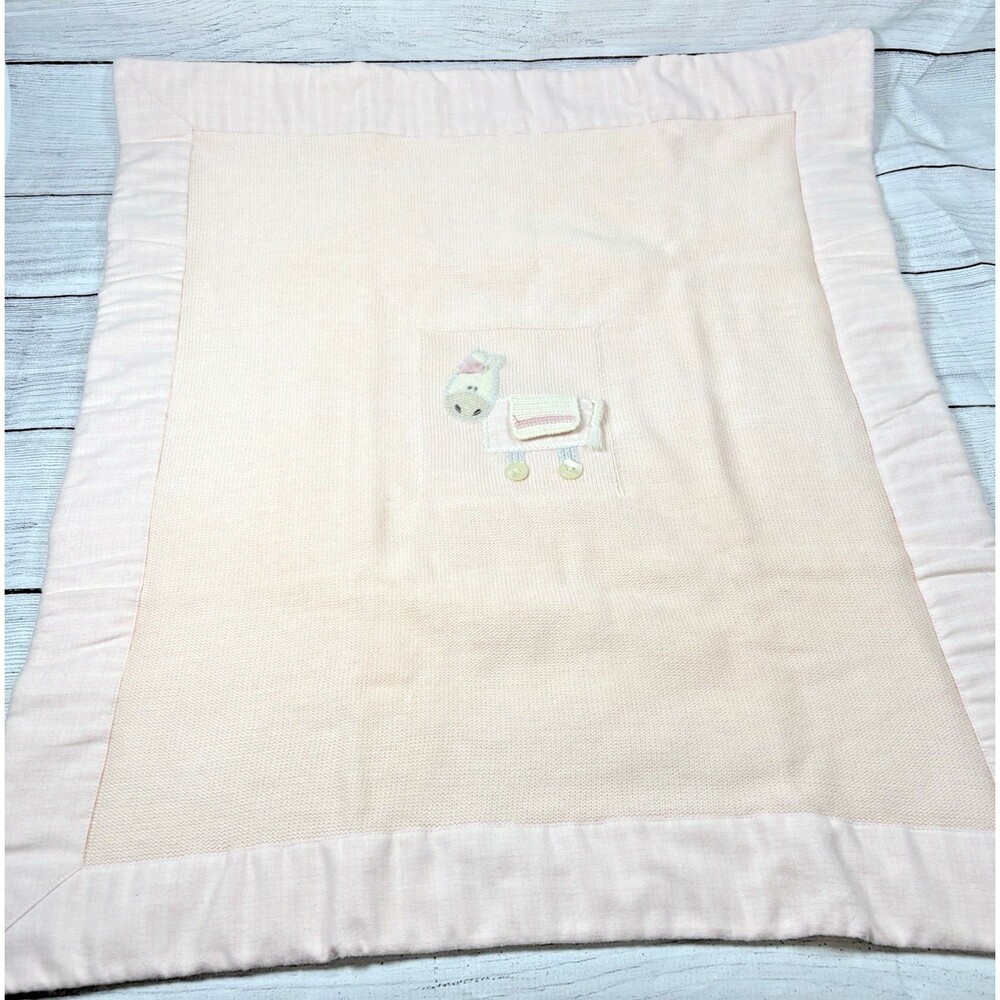 Neiman Marcus Pale Pink Wool Baby Blanket Pony? Knit Checked Trim 26x30 Italy